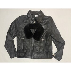Ron Tomson Mens Black Lambskin Motorcycle Jacket Size XL 52 Removable Fur Collar